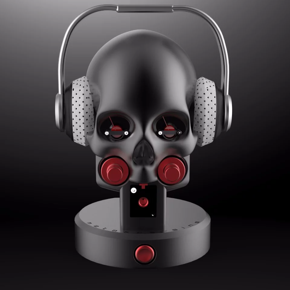 The Marquis Memento mori doubles as a stand for between playback headphone storage