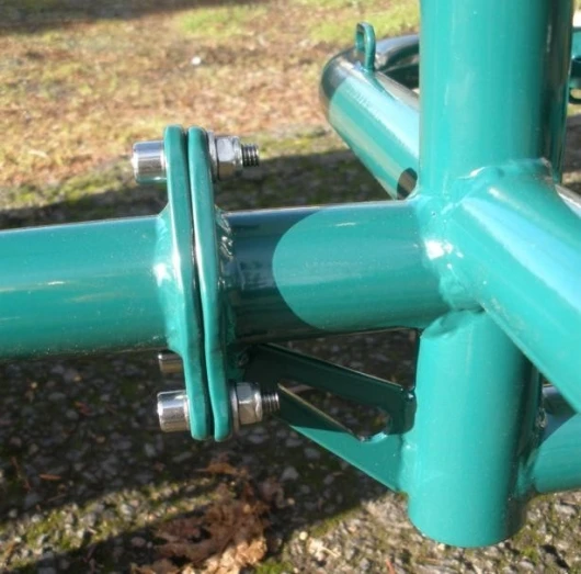 The bike's bi-partible frame for easy storage and transport