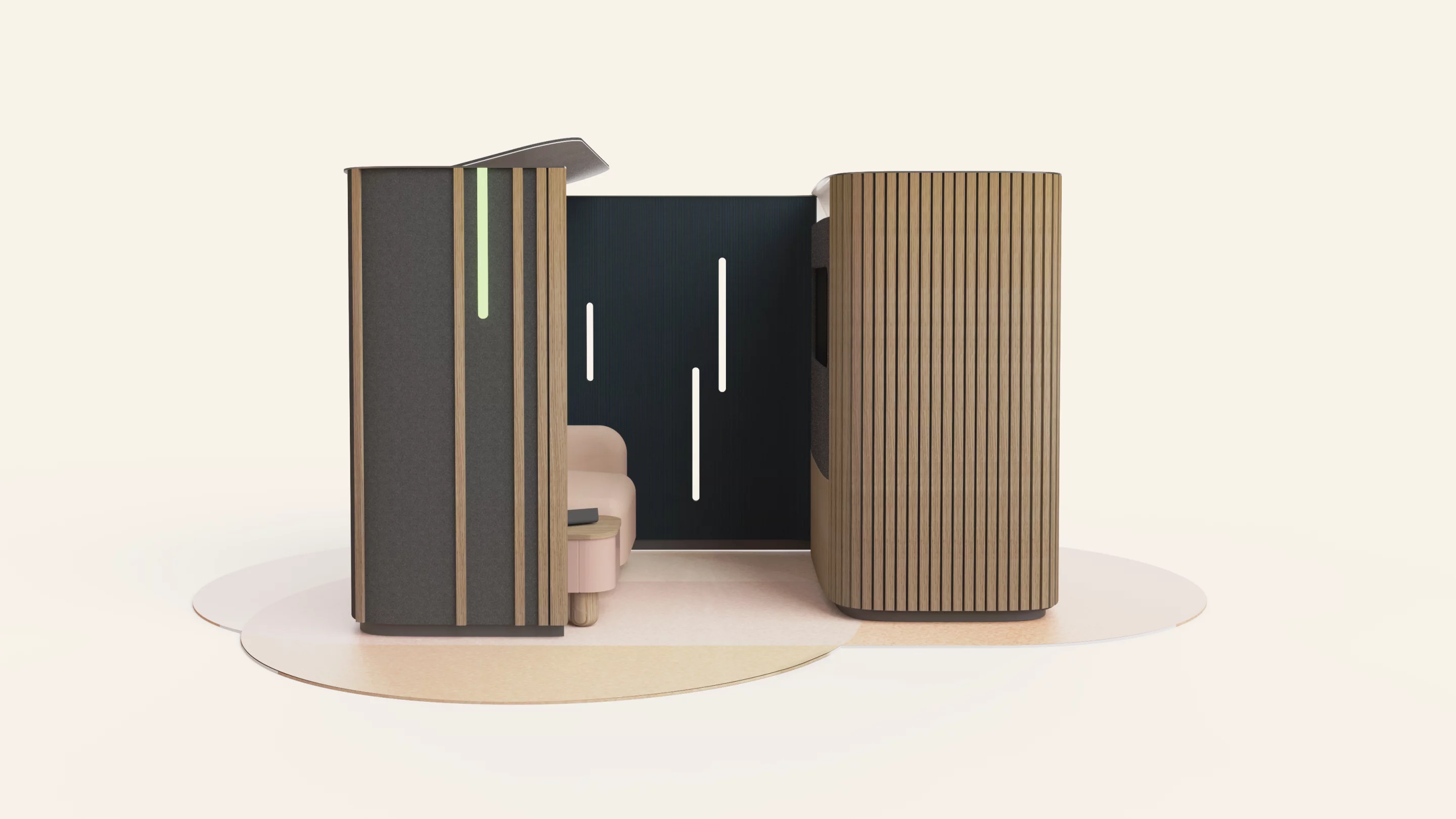 Project Ghost combines furniture design from Steelcase with videoconferencing technology from Logitech, for "an immersive experience that conceals the technology, allowing people to focus only on one another in a relaxed environment"