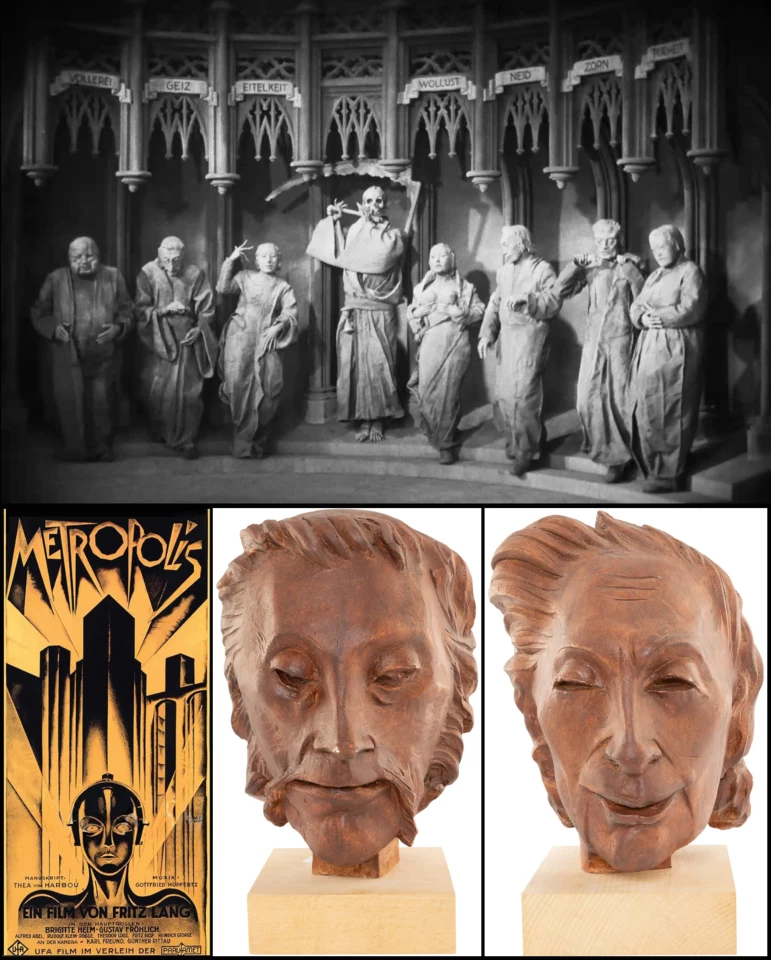 At top, a scene from Fritz Lang’s Metropolis - see the movie at the 67 minute mark and again at the 92 minute mark for full understanding. At bottom left is the near priceless ($690,000) movie poster and the busts are ... read the story