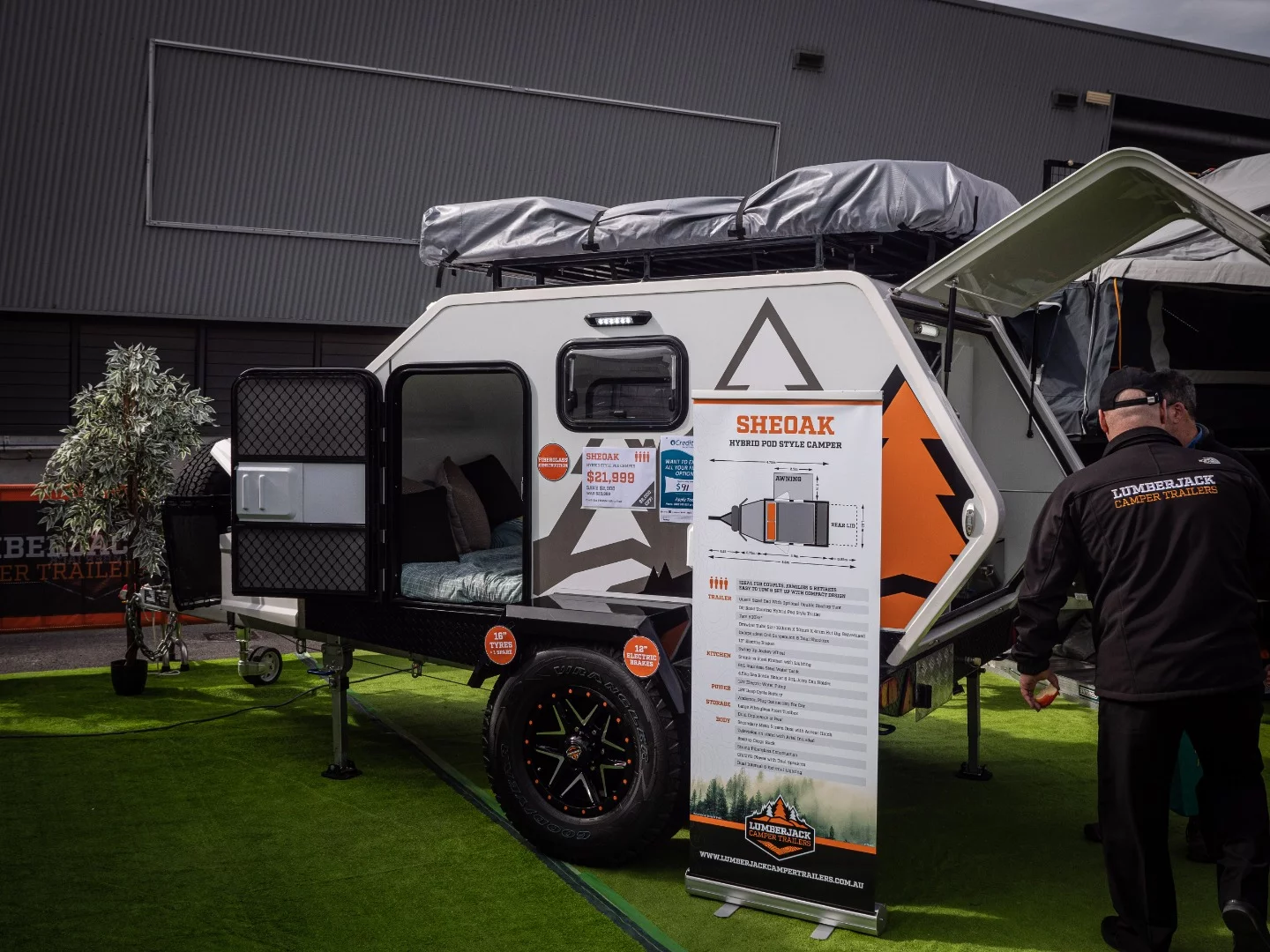 The Lumberjack Sheoak is a hybrid pod-style camper with a queen bed, heavy0duty offroad suspension and plenty of rear storage