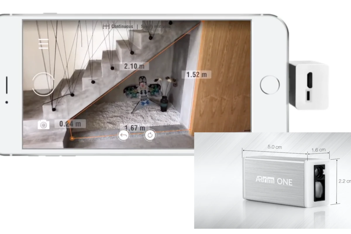 The device measures distance using a laser