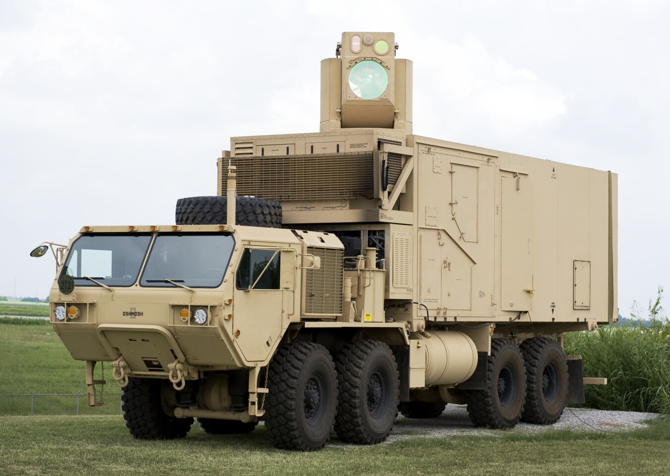 The HEL-MD is mounted on an Oshkosh tactical vehicle