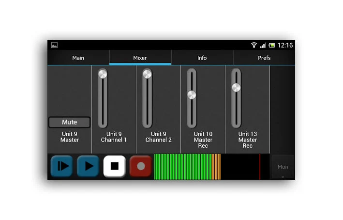 The mixer page of USB Audio Recorder PRO (on smartphone)