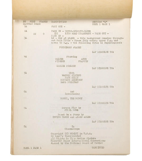 Continuity script showing credit sequence