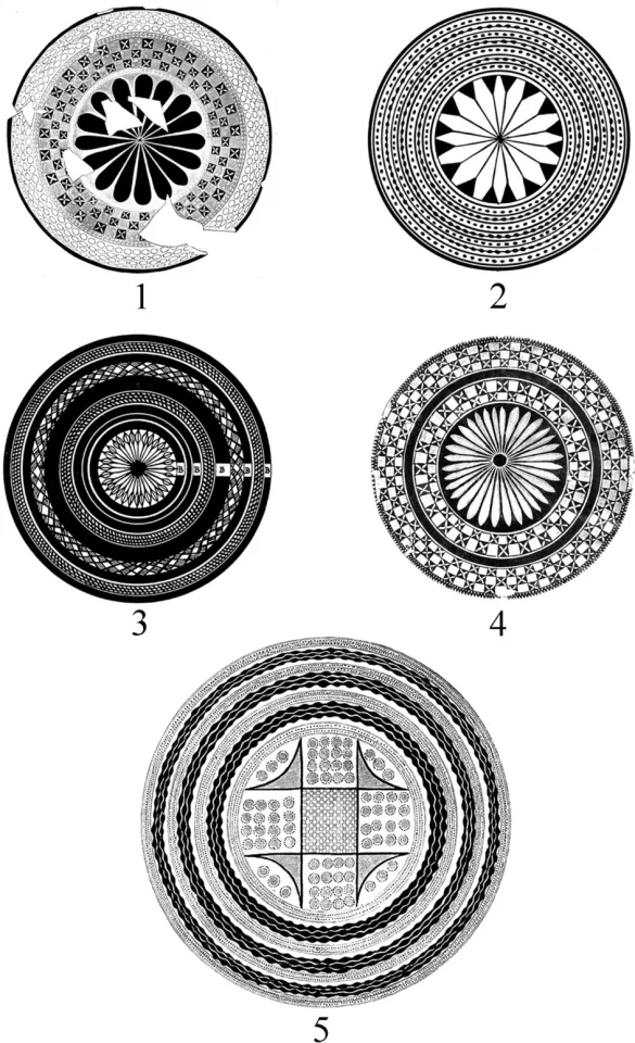 A meticulously executed drawing of a single large flower, depicted in a symmetrical arrangement with 16 or 32 petals, and a bowl with 64 (+ 12) flowers.