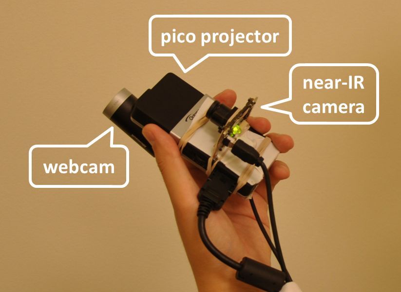 One part of the AnatOnMe system consists of an Optoma PK102 pico projector, a Microsoft LifeCam digital webcam and a FireFly MV USB near-infrared camera