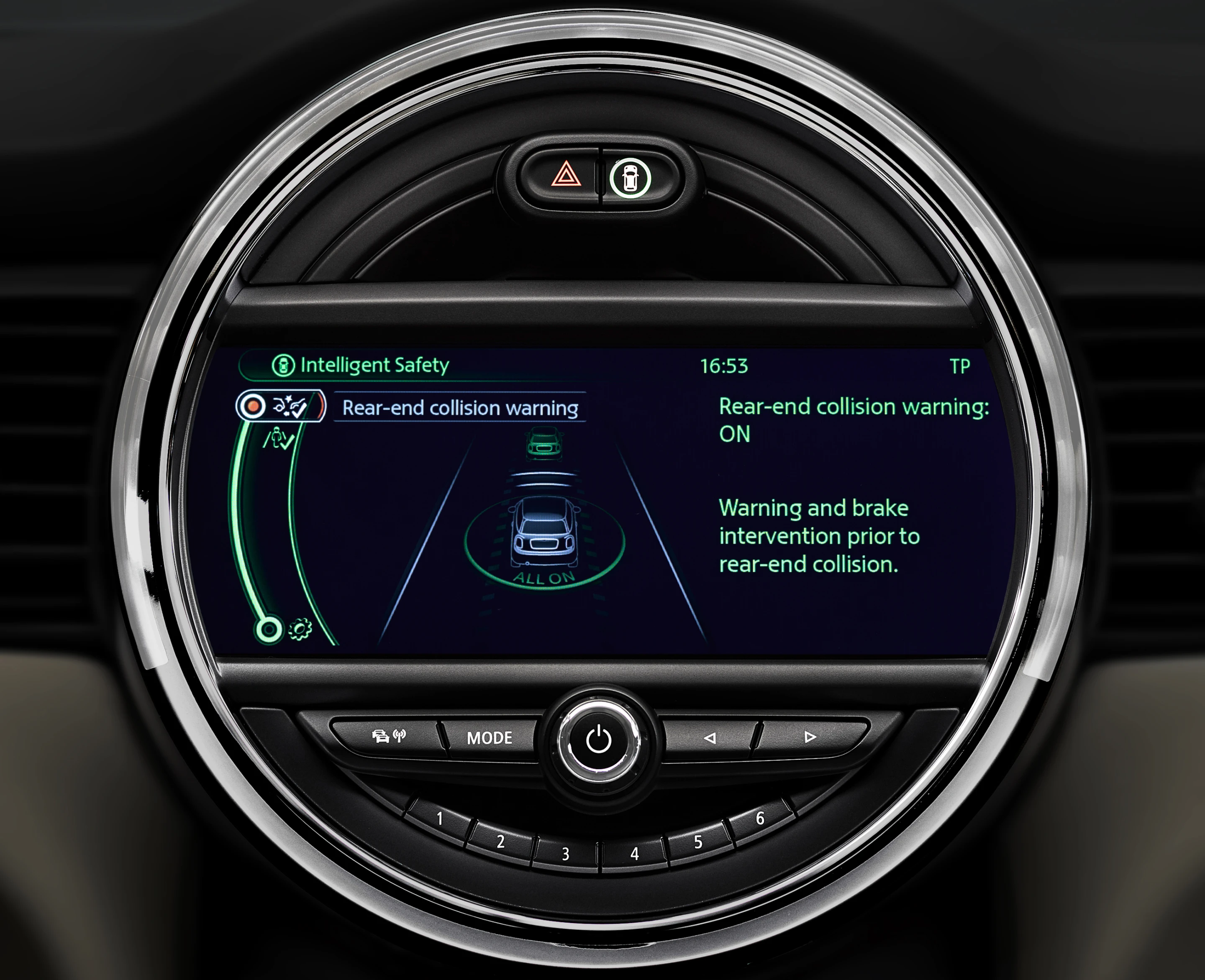 Rear-end collision warning with city braking function