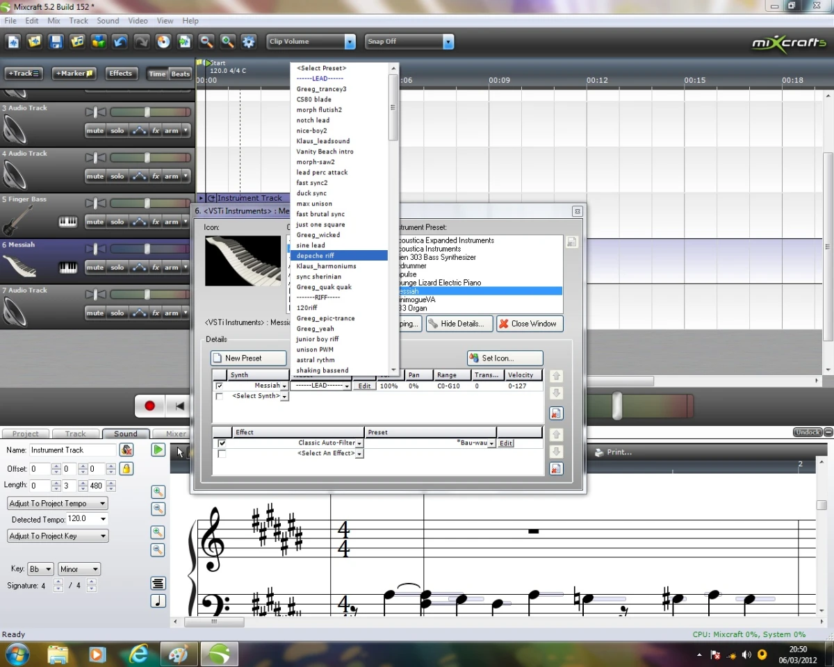 Mixcraft 5 offers similar virtual backing track creation possibilities as Studio One, with musical notation or visual representation of an instrument loop timeline and a huge variety of instruments available