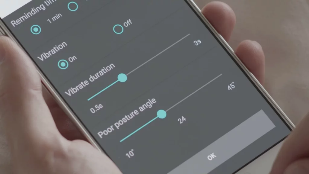 The Alex posture tracker companion app offers adjustable settings for personal coaching