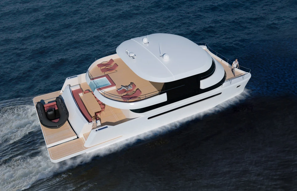 The Flash Cat 67SC design incorporates an open, spacious indoor/outdoor flybridge