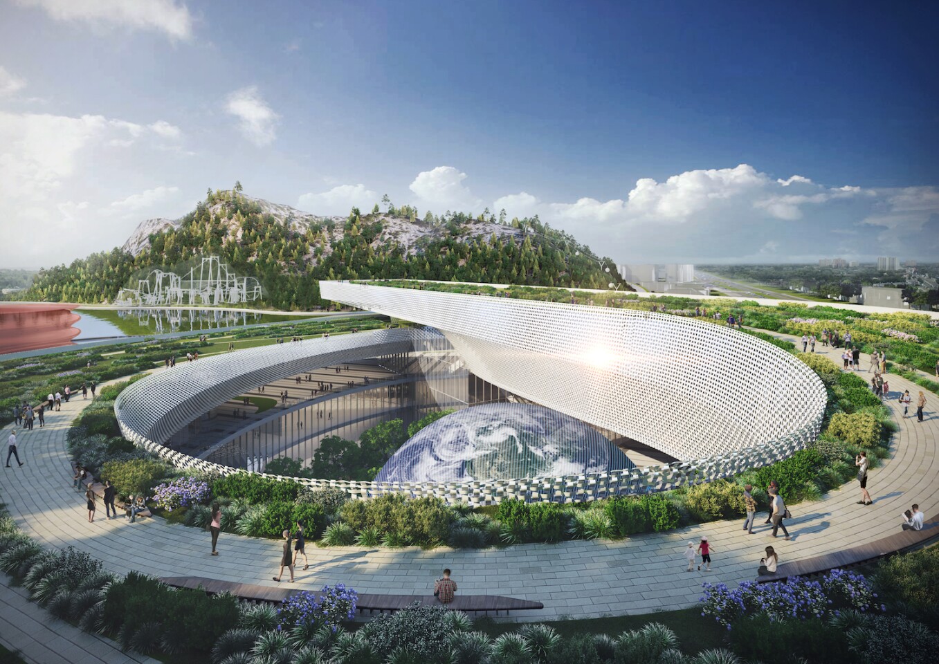 The Suzhou Science & Technology Museum's sustainable design includes green roofs, rainwater management, and water purification