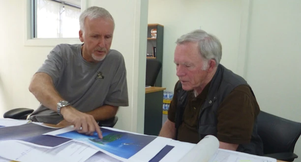 James Cameron and Trieste Trieste co-pilot Don Walsh discuss the DEEPSEA CHALLENGER (Photo: National Geographic/DEEPSEA CHALLENGE)