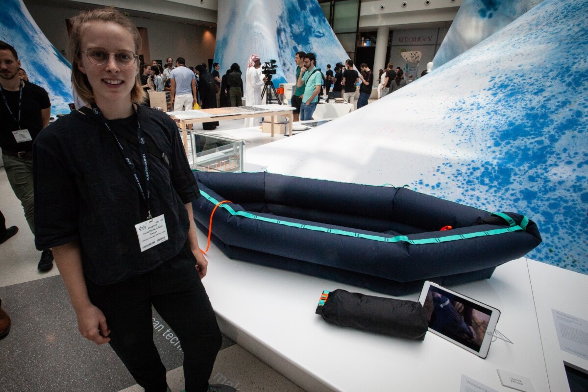Zoe Taplik from Germany’s Offenbach University of Art and Design and her Wasserläufer boat that can be inflated with no tools