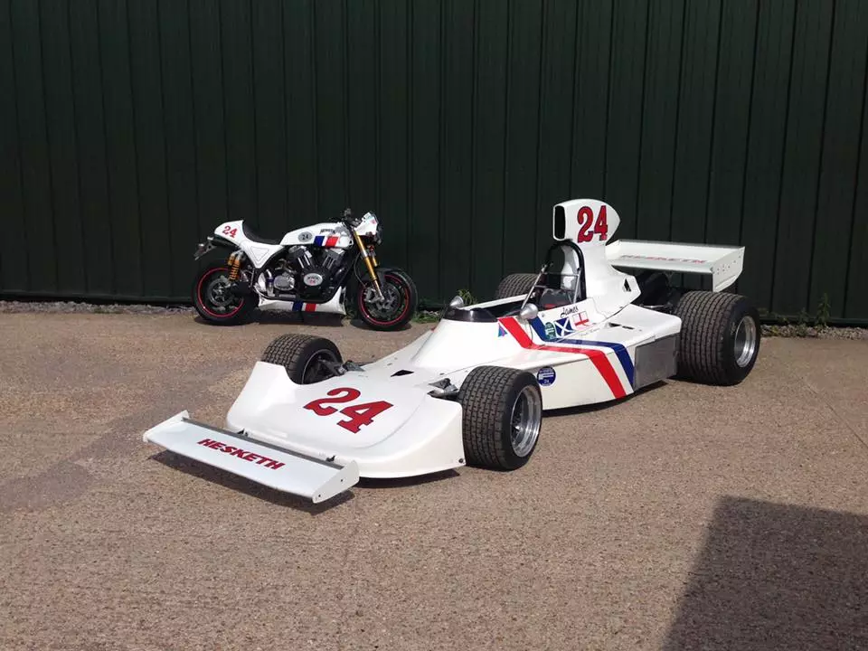 The Hesketh 24 poses next to James Hunt's Hesketh 308 race car that in 1975 managed a memorable win against Nicky Lauda's Ferrari