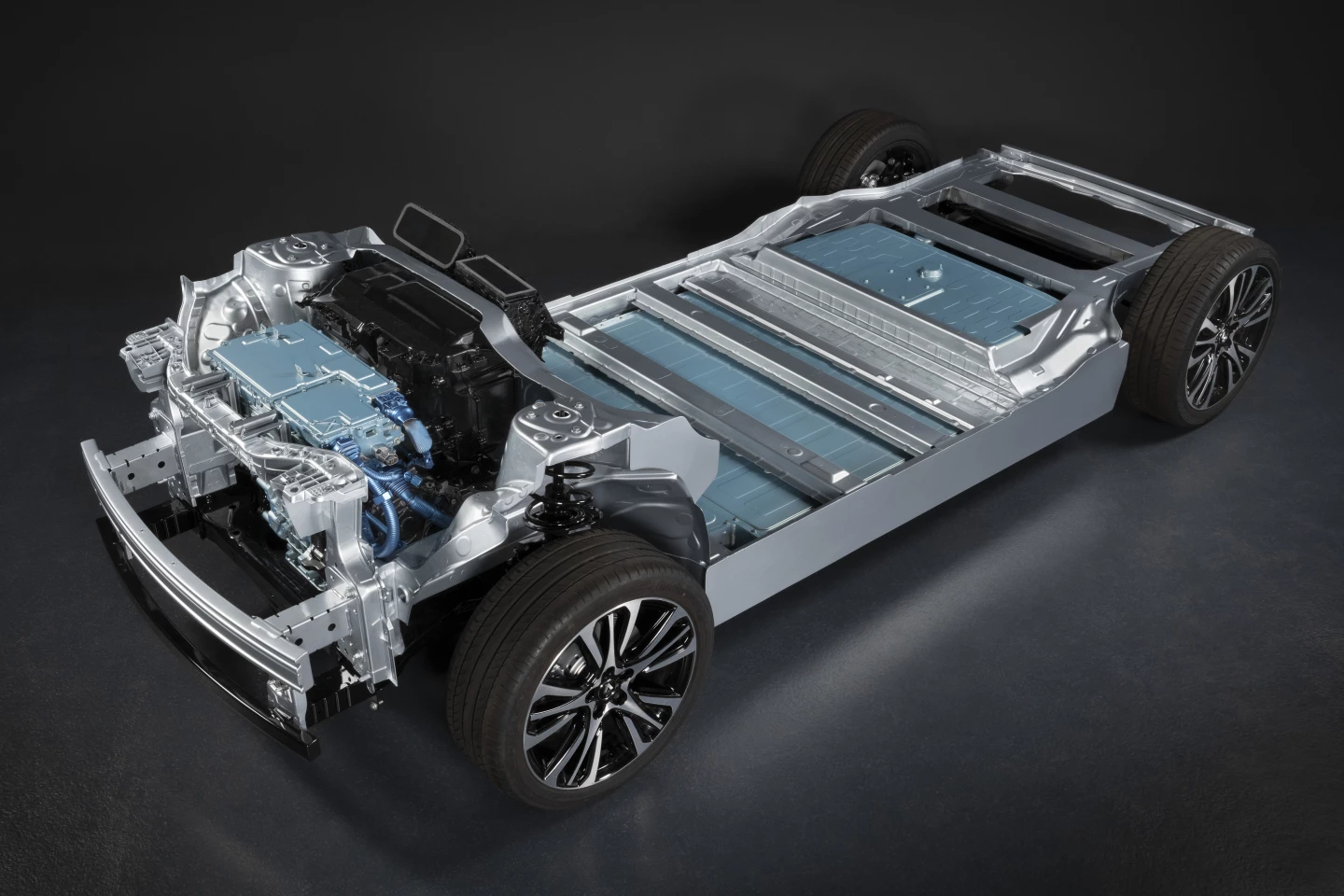 The CMF-EV chassis: a flat skateboard at the back, but a reasonably bulky motor and associated systems in the engine bay