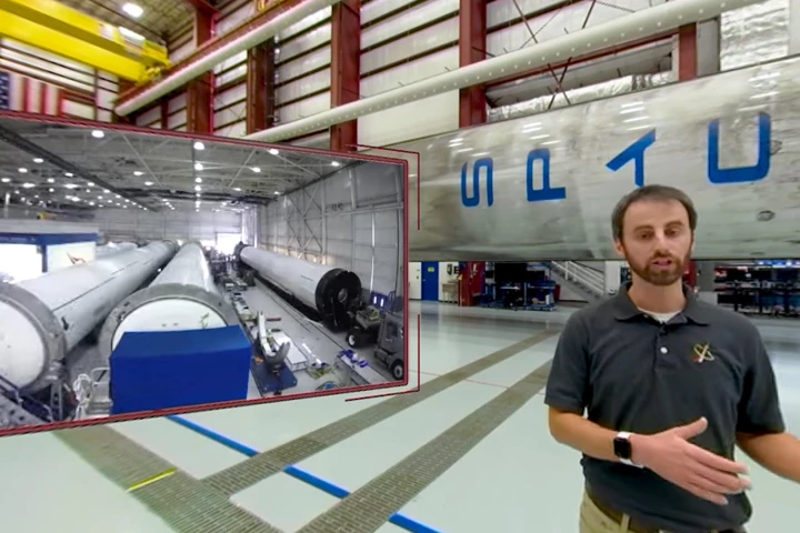 A still from a NASA VR tour showing a Falcon Core Stage as NASA's Kennedy Space Center