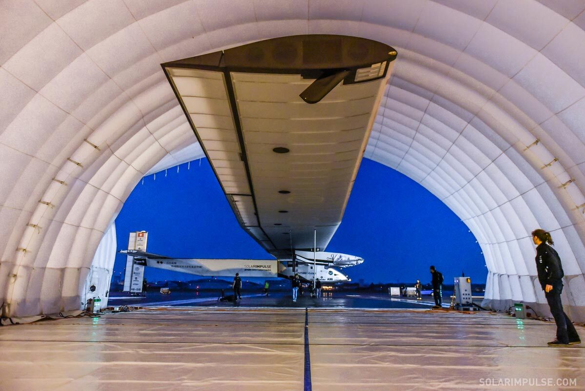 Solar Impulse 2 in its hanger in Nagoya, Japan