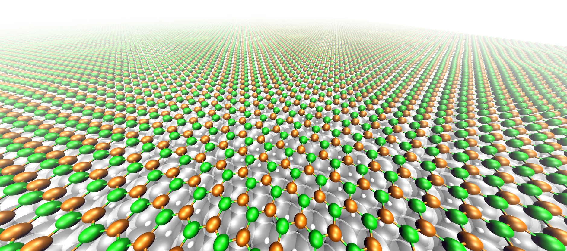 The boron nitride nanomesh superhoneycomb: nitrogen (green), boron (orange), rhodium (grey) shown here in its flattened state with voltage applied
