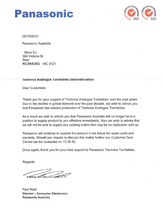 Copy of a Panasonic letter regarding Technics turntables on Store DJ's Facebook page