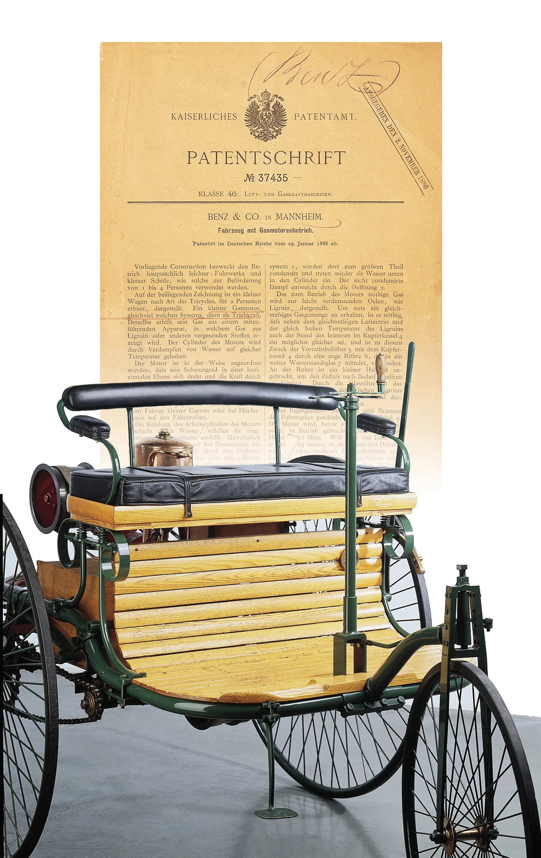 German Patent No. 37435 was awarded to Karl Benz on January 29, 1886