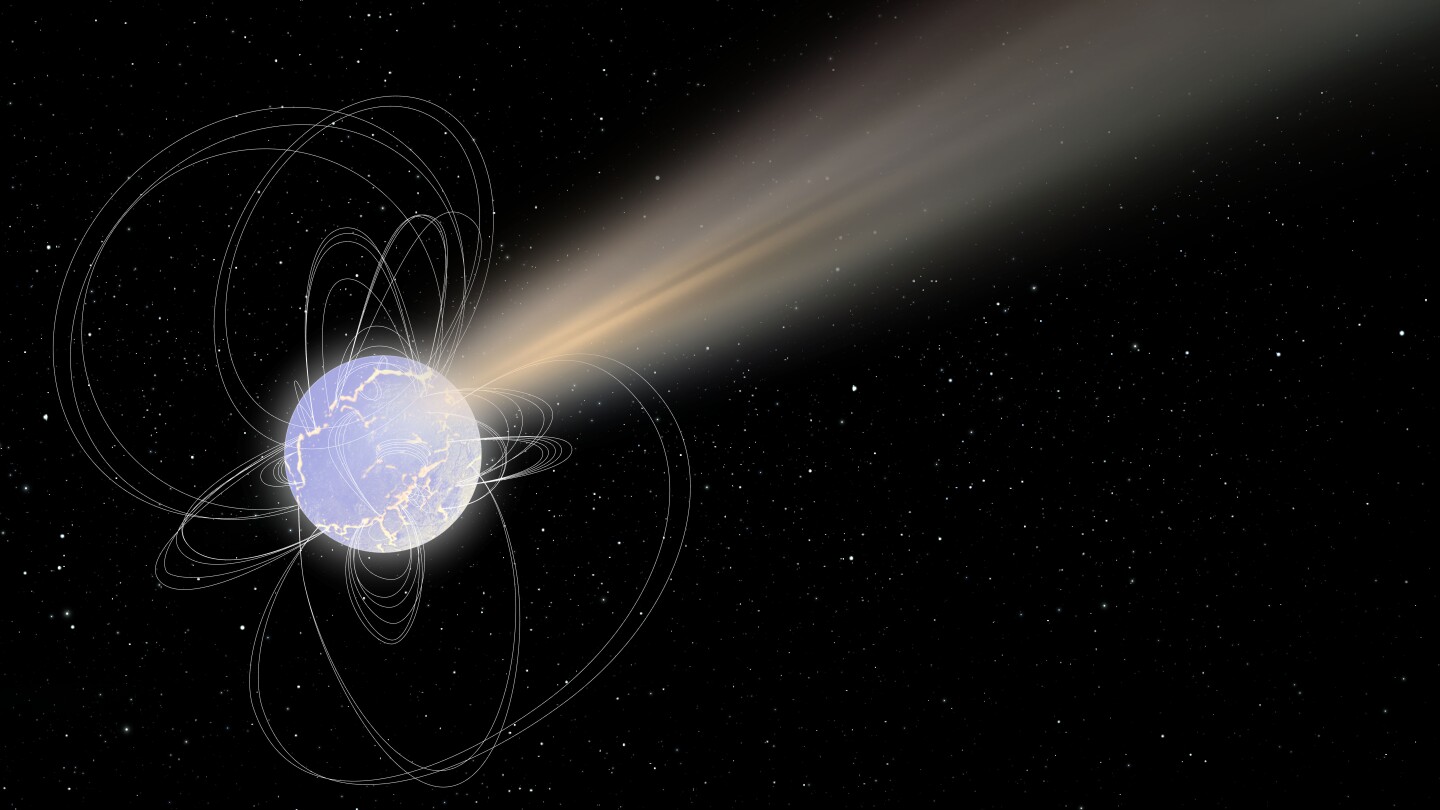 Eine künstlerische Darstellung des Magnetars SGR 1935+2154, der Radiowellen aussendet, die schnellen Radiobursts ähneln könnten's impression of magnetar SGR 1935+2154, which has been detected giving off radio waves that may resemble fast radio bursts
