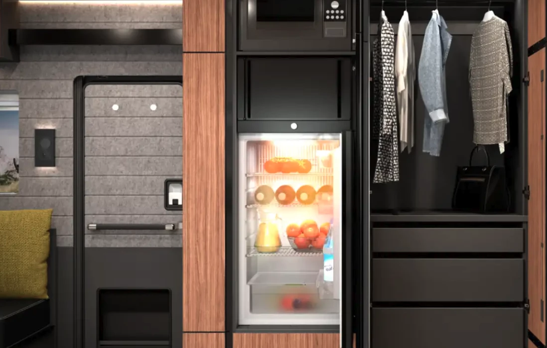 The Arto 88's large closet unit houses the fridge and wardrboe