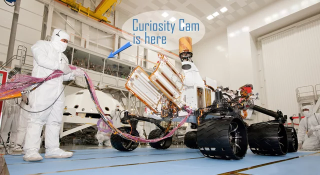 The Curiosity Cam live video feed allows the public to watch technicians assemble and test NASA's next Mars rover in a clean room at the Jet Propulsion Laboratory, Pasadena, Calif. (Image credit: NASA/JPL-CalTech)