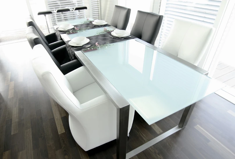 The lower deck features an open and modern dining area