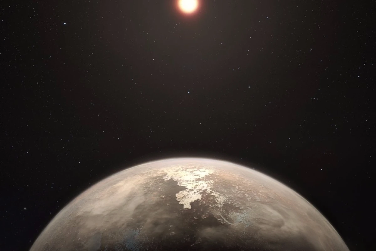 Artist's impression of Ross 128 b, which was discovered orbiting a red dwarf star – the most common type of stellar body in the universe