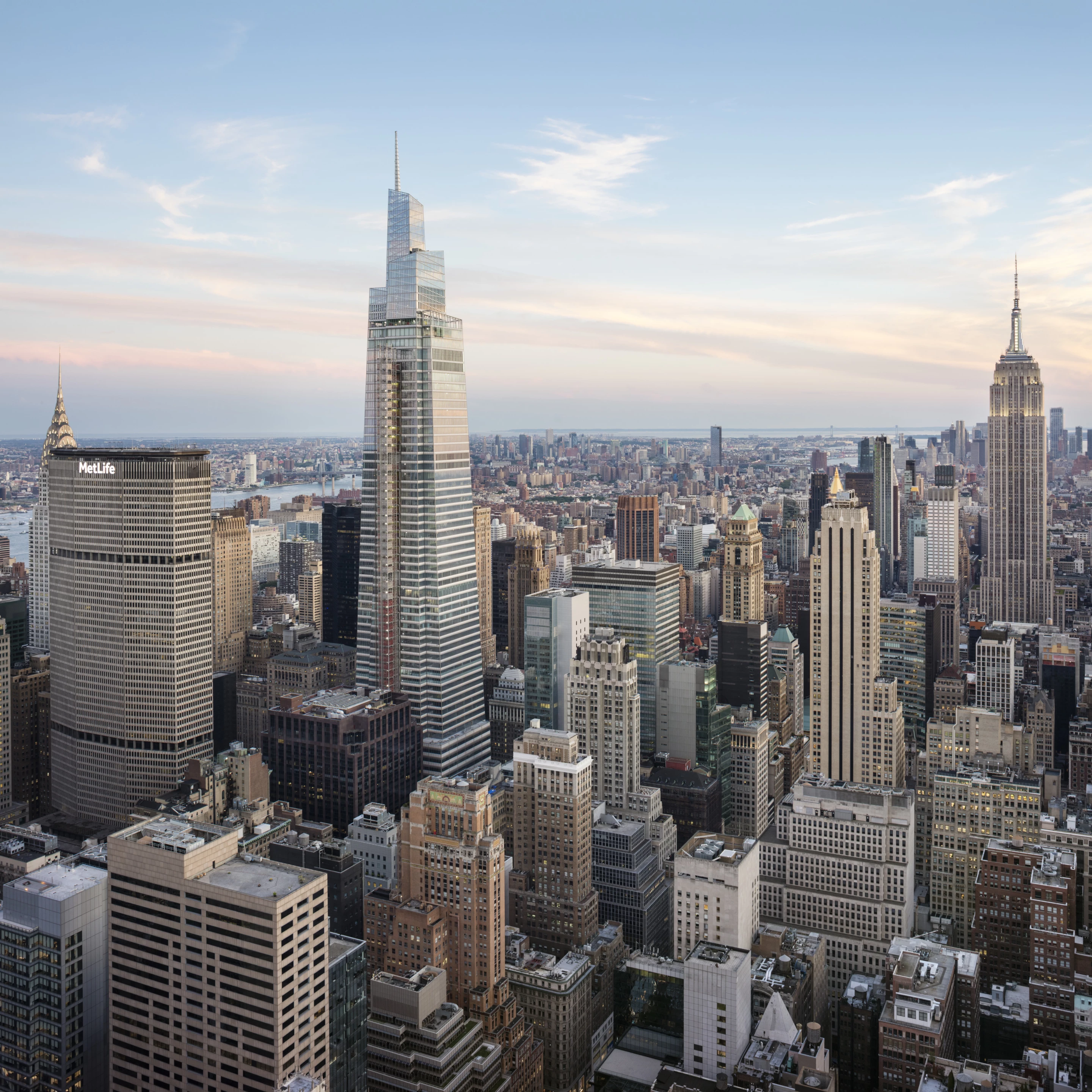 One Vanderbilt rises to a height of 1,401 ft (427 m), in Midtown Manhattan, NYC