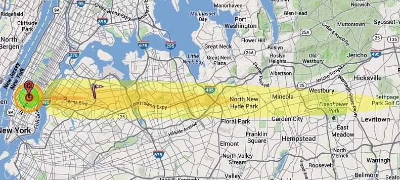The fallout pattern from a 5 kT nuclear detonation 200 feet above the ground in the Empire State building (Image: B. Dodson)