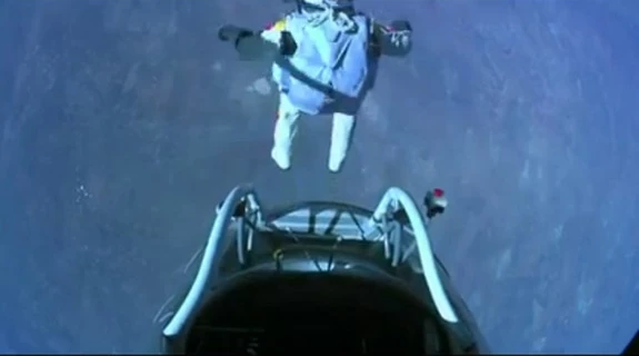 Felix Baumgartner takes the biggest step of his life (Photo: Red Bull Stratos)
