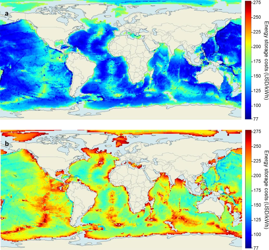 Global potential for buoyancy energy storage. Top shows estimated costs per MWh using air, bottom using hydrogen