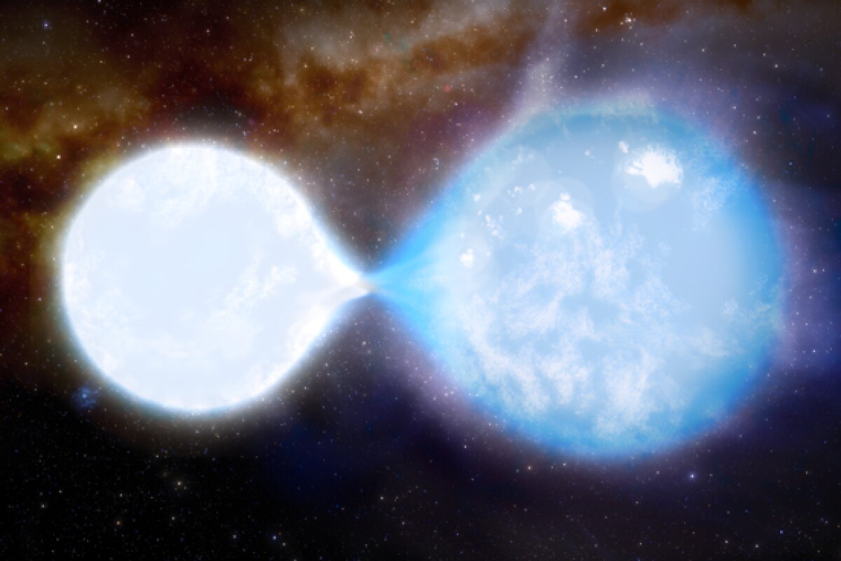 The smaller, brighter star on the left, one half of the most massive binary star observed, is losing mass to the larger star on the right