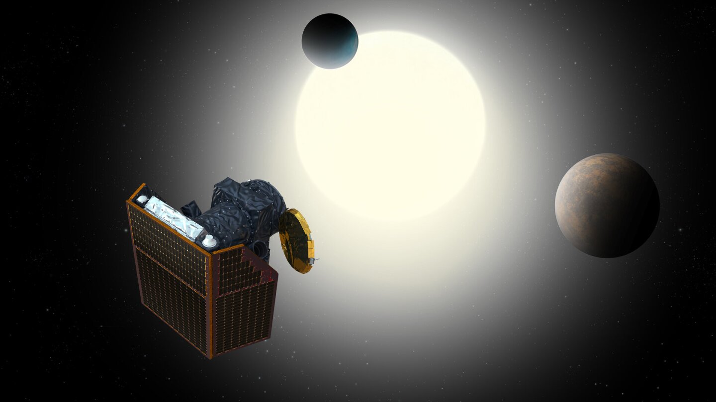 Artist's impression of Cheops observing transiting exoplanets