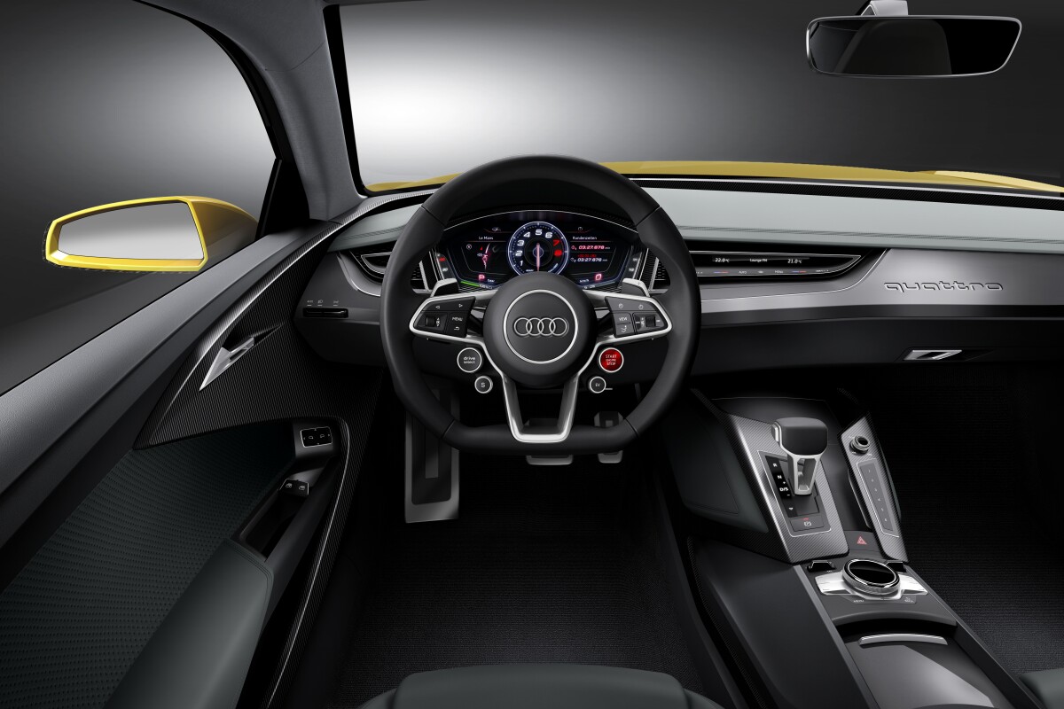 The Audi Sport Quattro Concept interior focuses on lightness and is driver centered