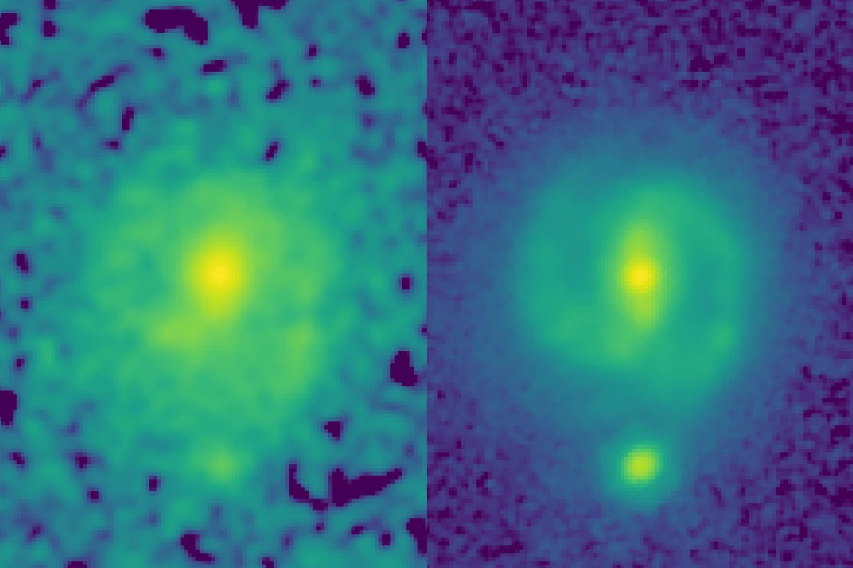 A galaxy called EGS23205, 11 billion light-years away, as seen by Hubble (left) and James Webb (right). In the latter, the galaxy's bar is clearly visible