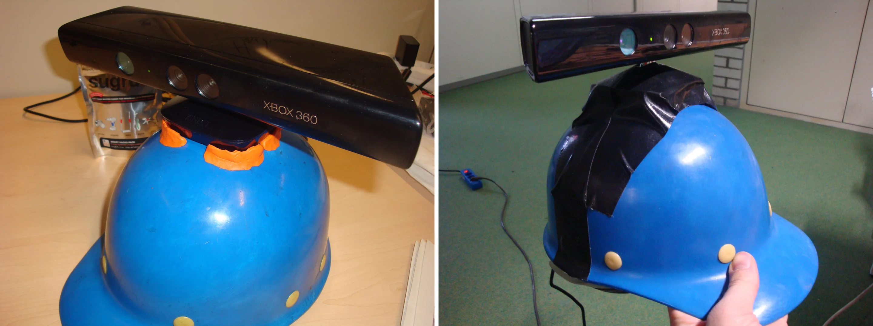 The Kinect camera mounted on a sugru socket and fixed with duct tape