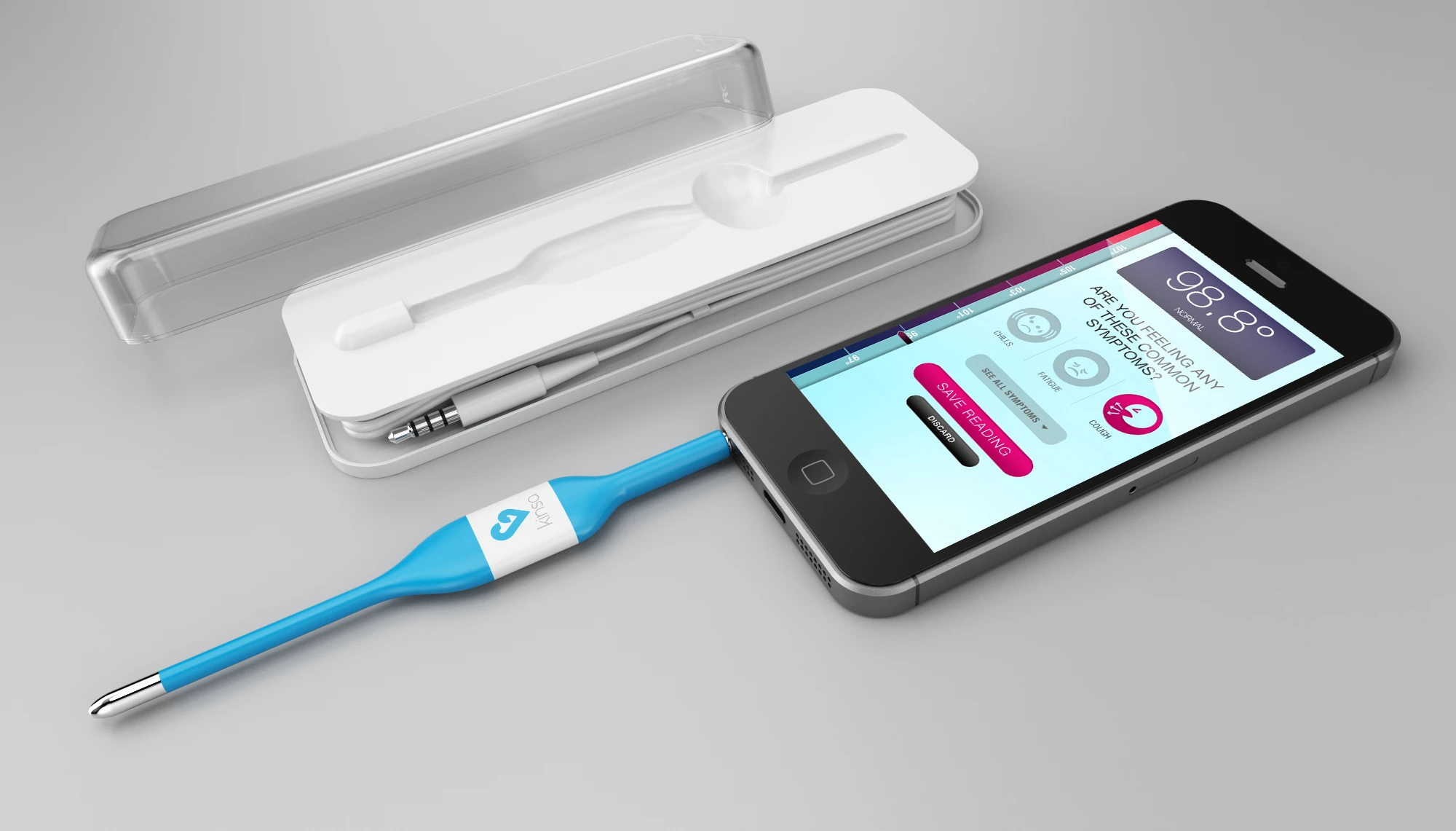 The Kinsa Smart Thermometer comes with an extension cord, so it doesn't have to be plugged directly into the phone
