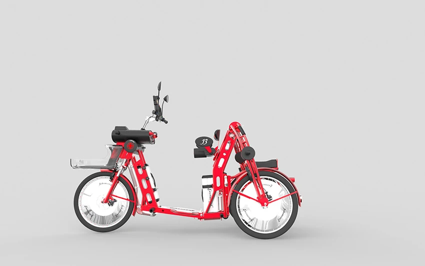 The front and back sections of the vehicle can be detached from one another, and folded up for transport in a car, train or other form of transit, if needed