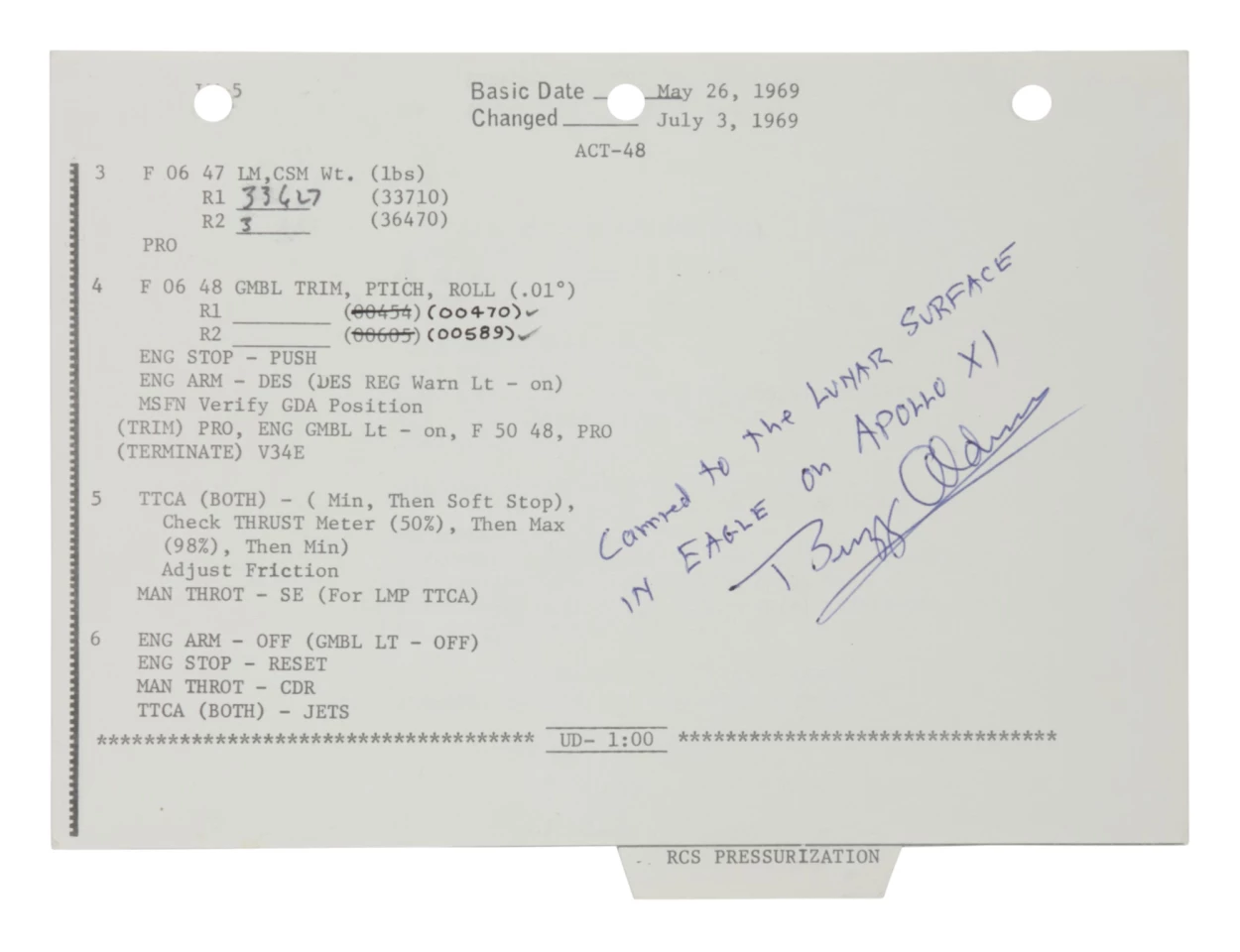Lunar Surface Flown Checklist sheet with notations by Neil Armstrong