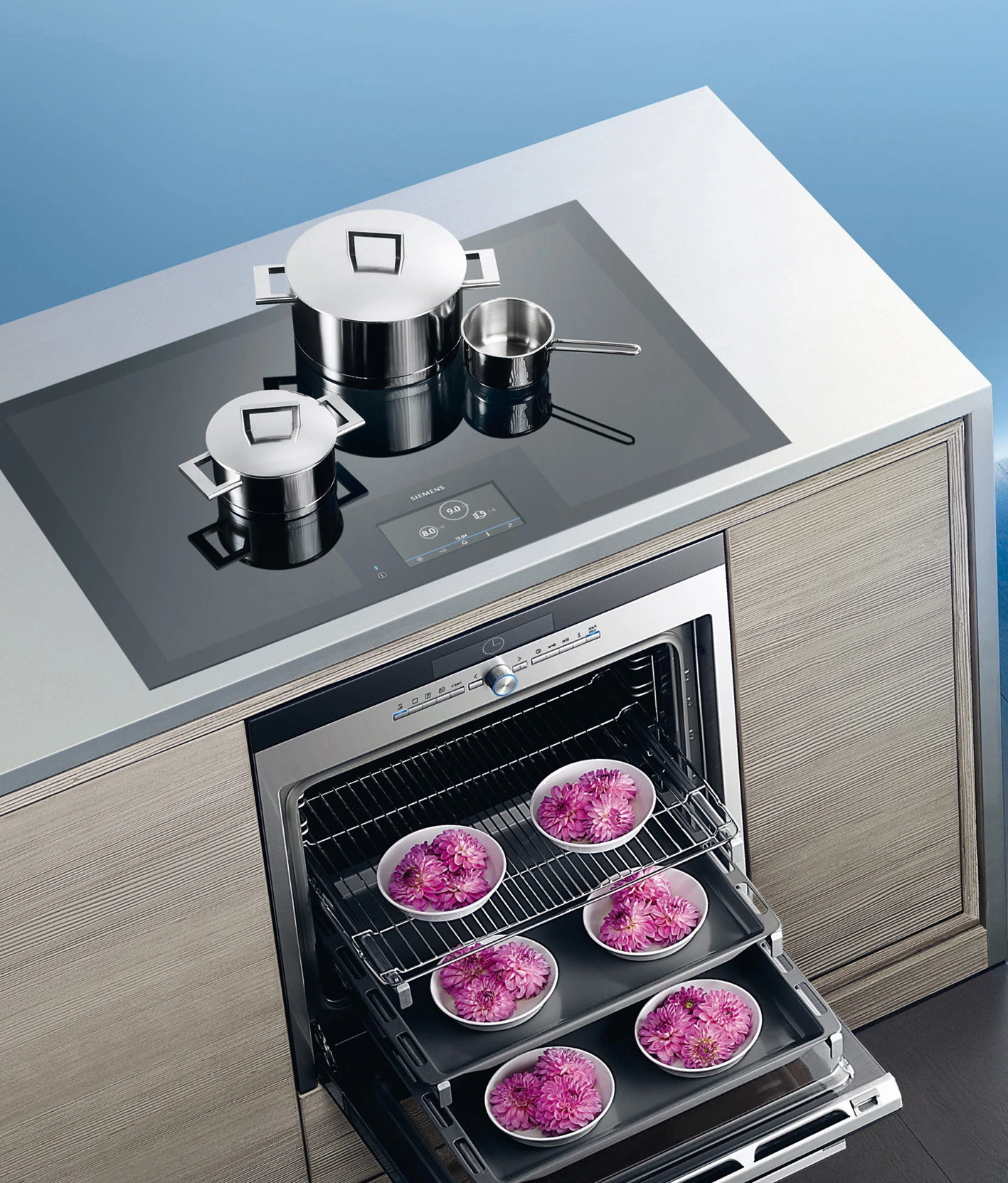 Siemens offers its full-surface induction cooktop in surface-mounted (pictured) and flush-mounted versions