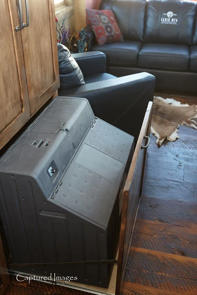 The towable dwelling boasts plenty of hunting-related features, including an outside game processing area and a scent control system