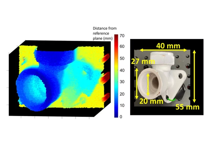 Researchers have created a prototype device that uses quantum detection technology to take real-time 3D images underwater. The image (left) of the pipe (right) was taken while submerged in a tank of murky water