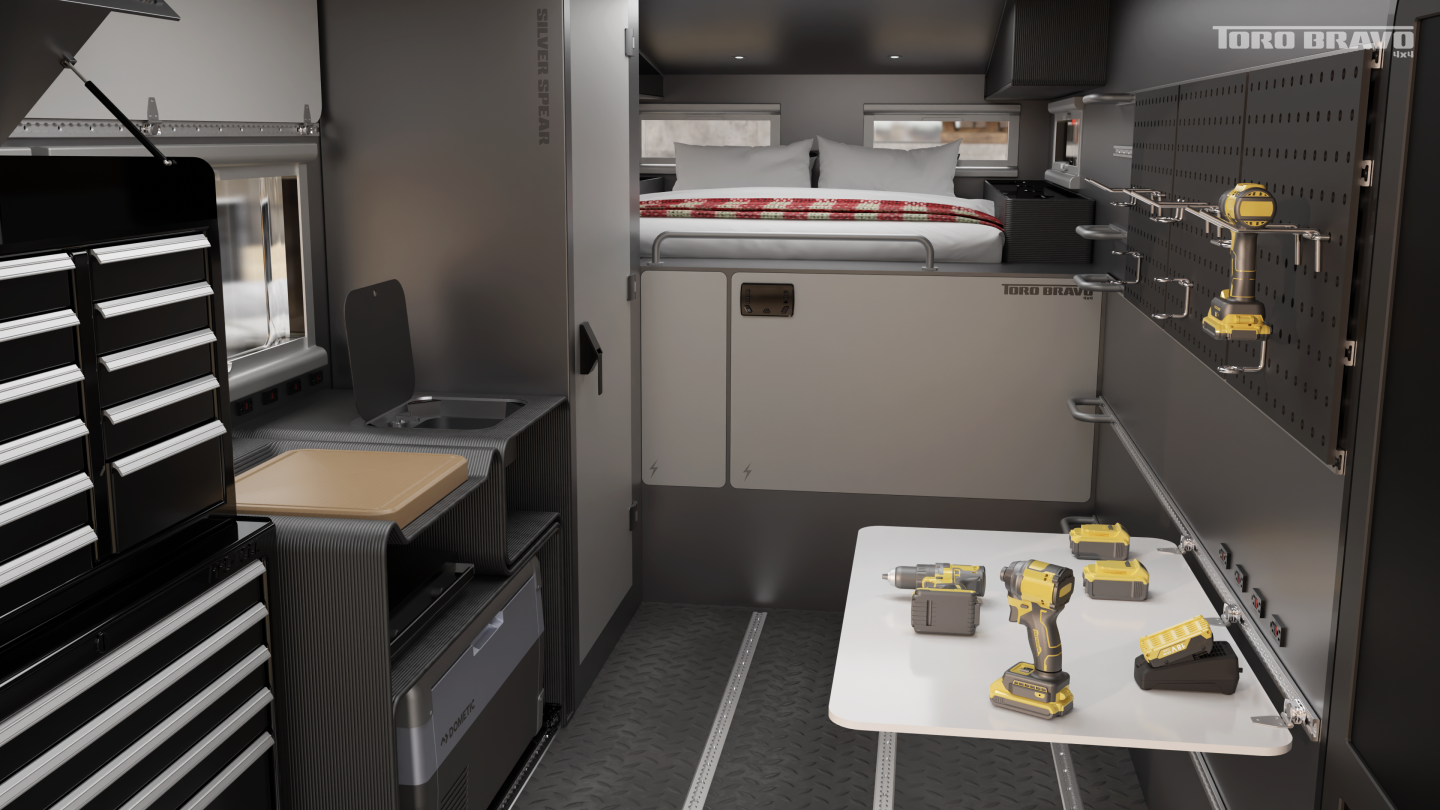 Owners can keep the galley in for use during the work week or remove it for added space, filling out the Silver Spear with toolboxes, workbenches and other work-related fixtures