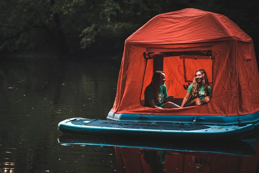 The Shoal Tent is described as a floating raft with a tent topper