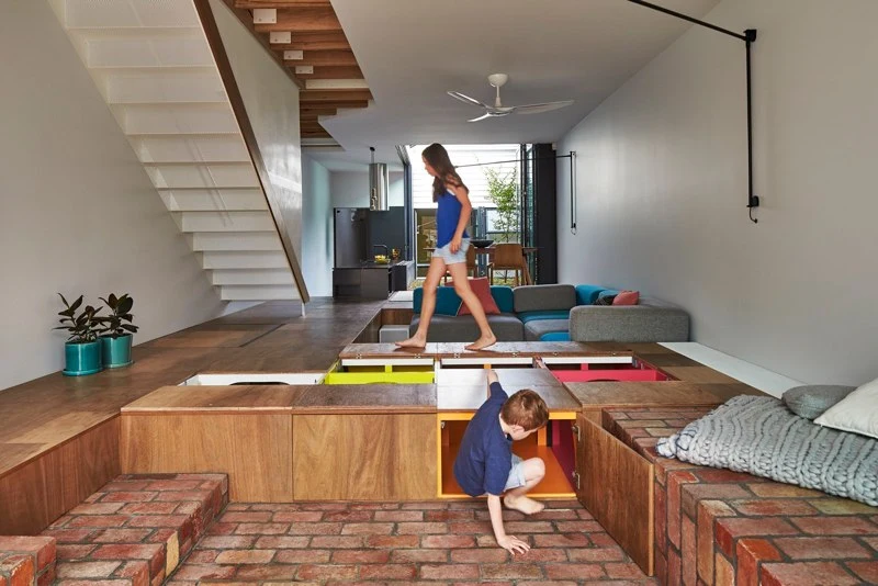 The raised floor/storage is the most interesting feature of the home