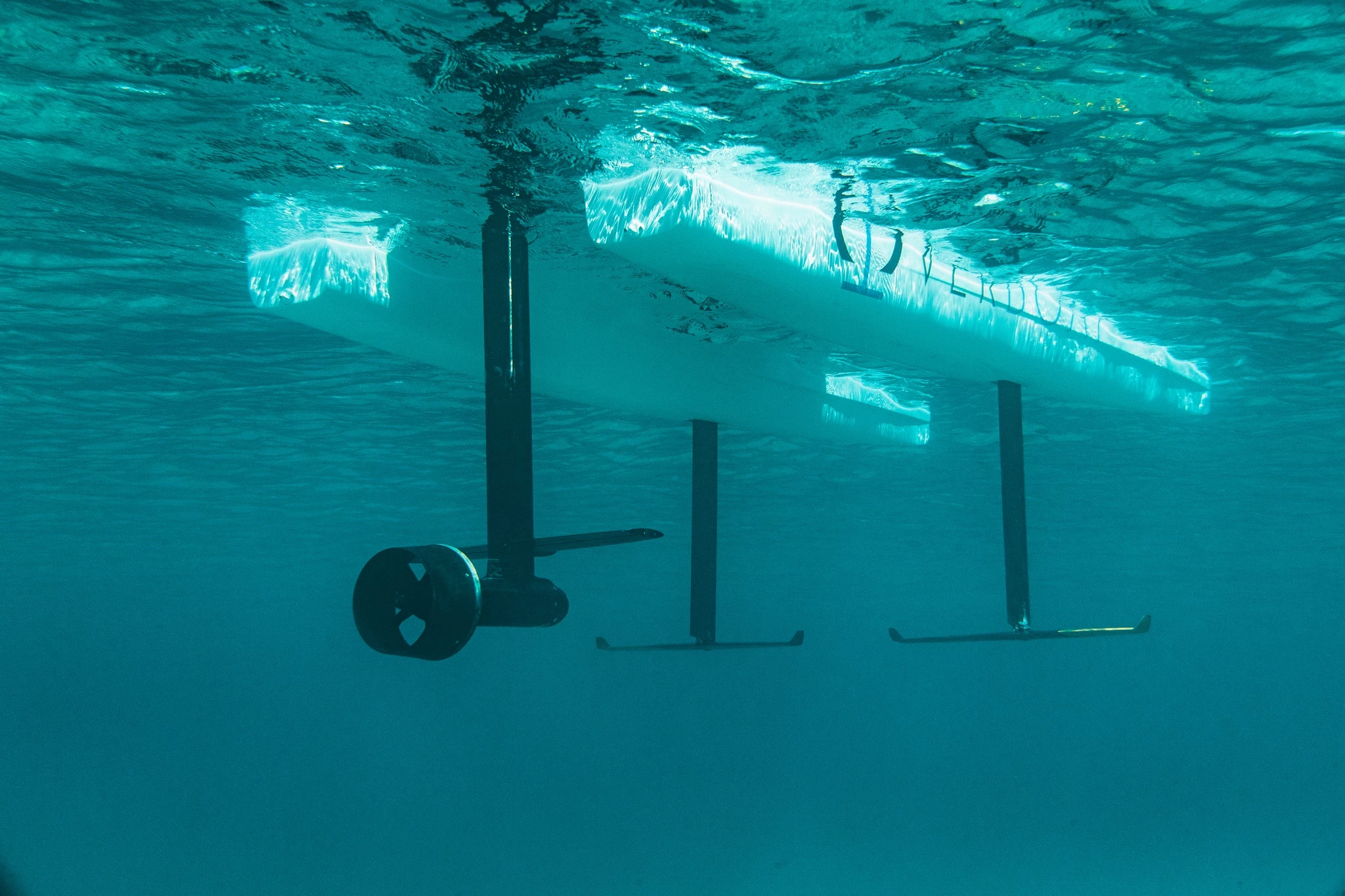 The three Overboat F series foils feature an inverted T design and a rear electric prop drive