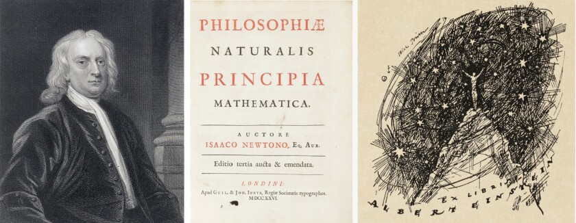 Philosophiæ Naturalis Principia Mathematica is the Latin title of Sir Isaac Newton's famous work on the laws of motion and universal gravitation. Often referred to as "the greatest work in the history of science", Newtonian physics was all we knew until roughly a century ago when Albert Einstein's theory of relativity advanced our understanding in one quantum leap. Einstein was a huge fan of Newton and once referred to Newton's theories as "perhaps the greatest intellectual stride that it has ever been granted to any man to make", so it was a privilege to be able to see Einstein's personal copy of Newton's book go to auction last week. This third edition of the work contained the Einstein bookplate, indicating that it was Einstein's personal copy and would have been repeatedly handled by the quintessential modern genius. If there was ever an object "touched by genius", this is it. It sold for $87,500, which is considerably cheaper than many of the Einstein letters and postcards which reach auction. Two geniuses for the price of one. A bargain!